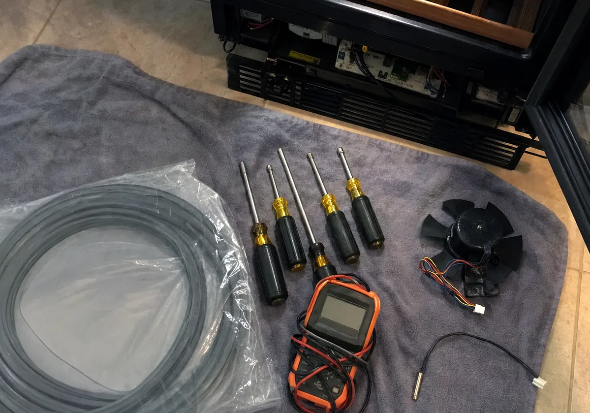 Nut drivers and a small multimeter laid in a row on a towel, photographed from directly above.