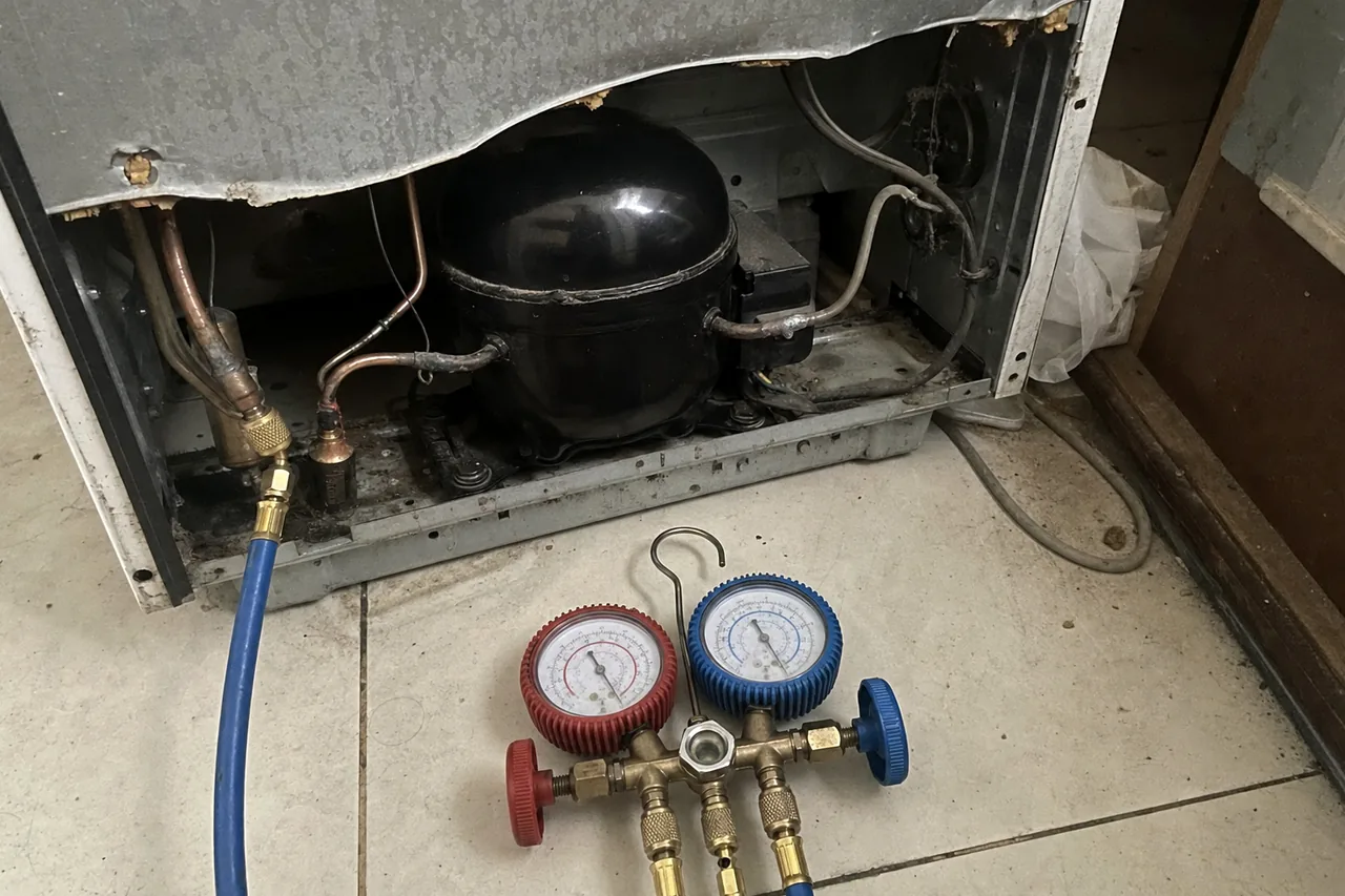 Two gauge faces on a manifold set, hoses running down into an open machine compartment beside a black compressor dome.