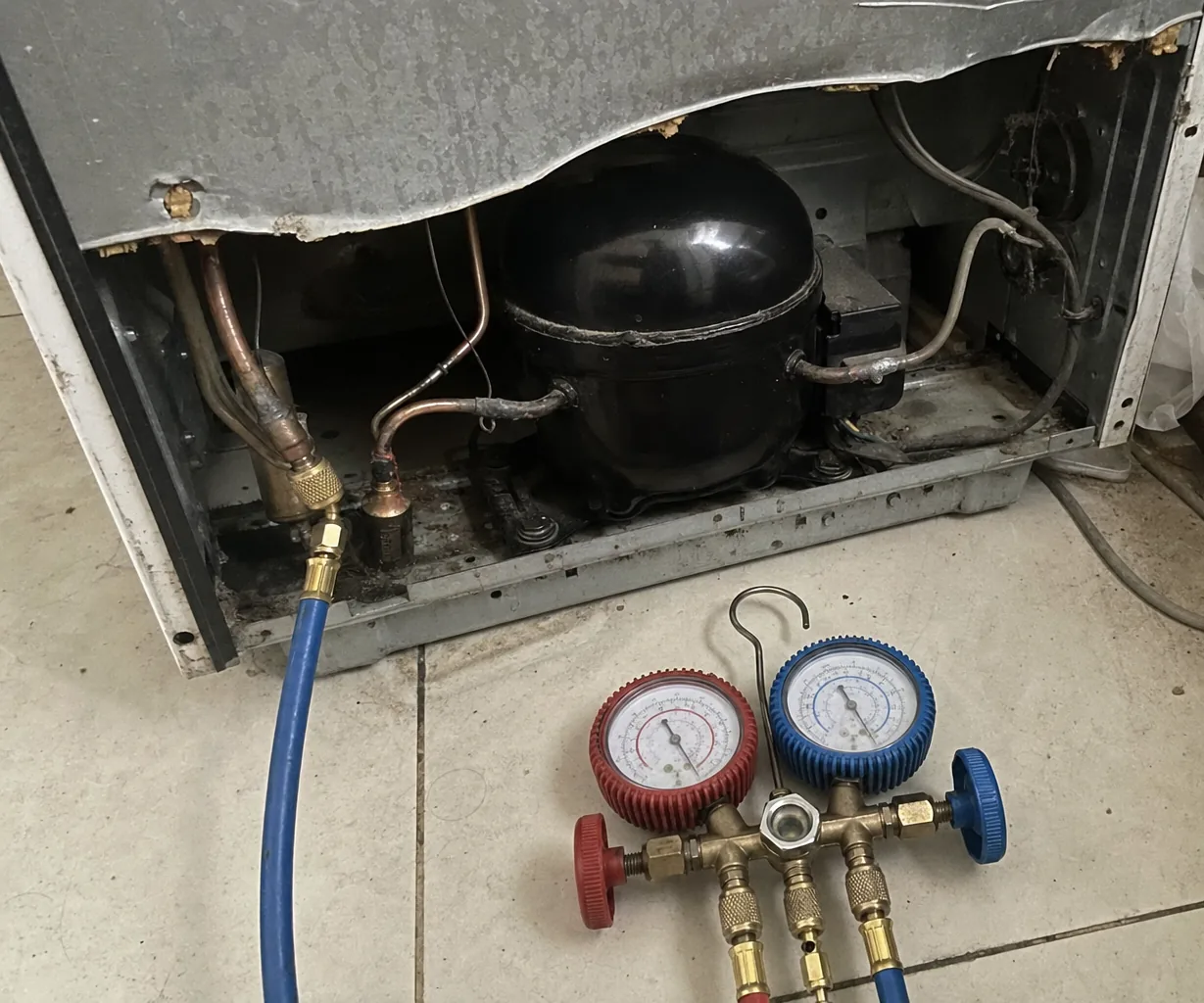 The open machine compartment of a refrigeration column with copper lines, a compressor dome and gauge hoses attached.