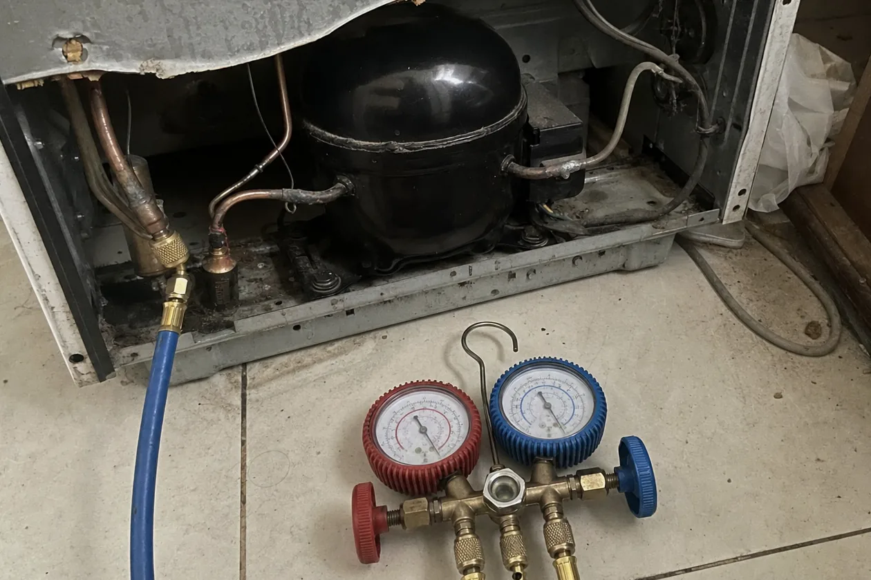 Gauges and hoses connected at the back of a refrigerator, the machine compartment cover set aside on the floor.