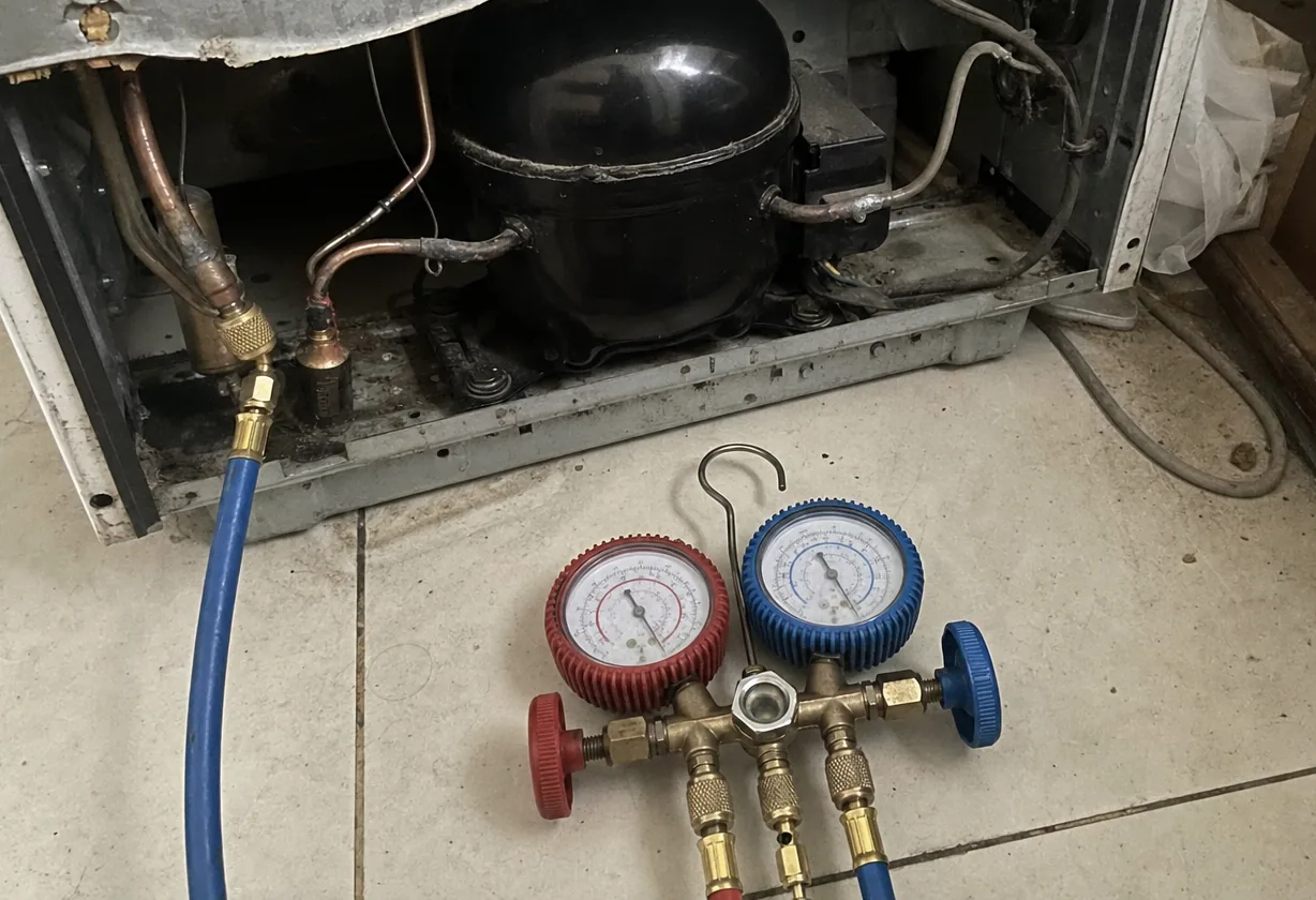 A manifold gauge set standing on a tiled floor in front of an open machine compartment, the black compressor dome and its copper lines behind it.