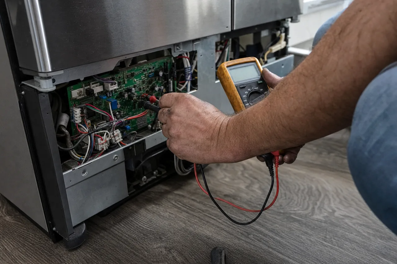A meter probe resting on a circuit board inside the base of a refrigerator cabinet, loom wires crossing the frame.