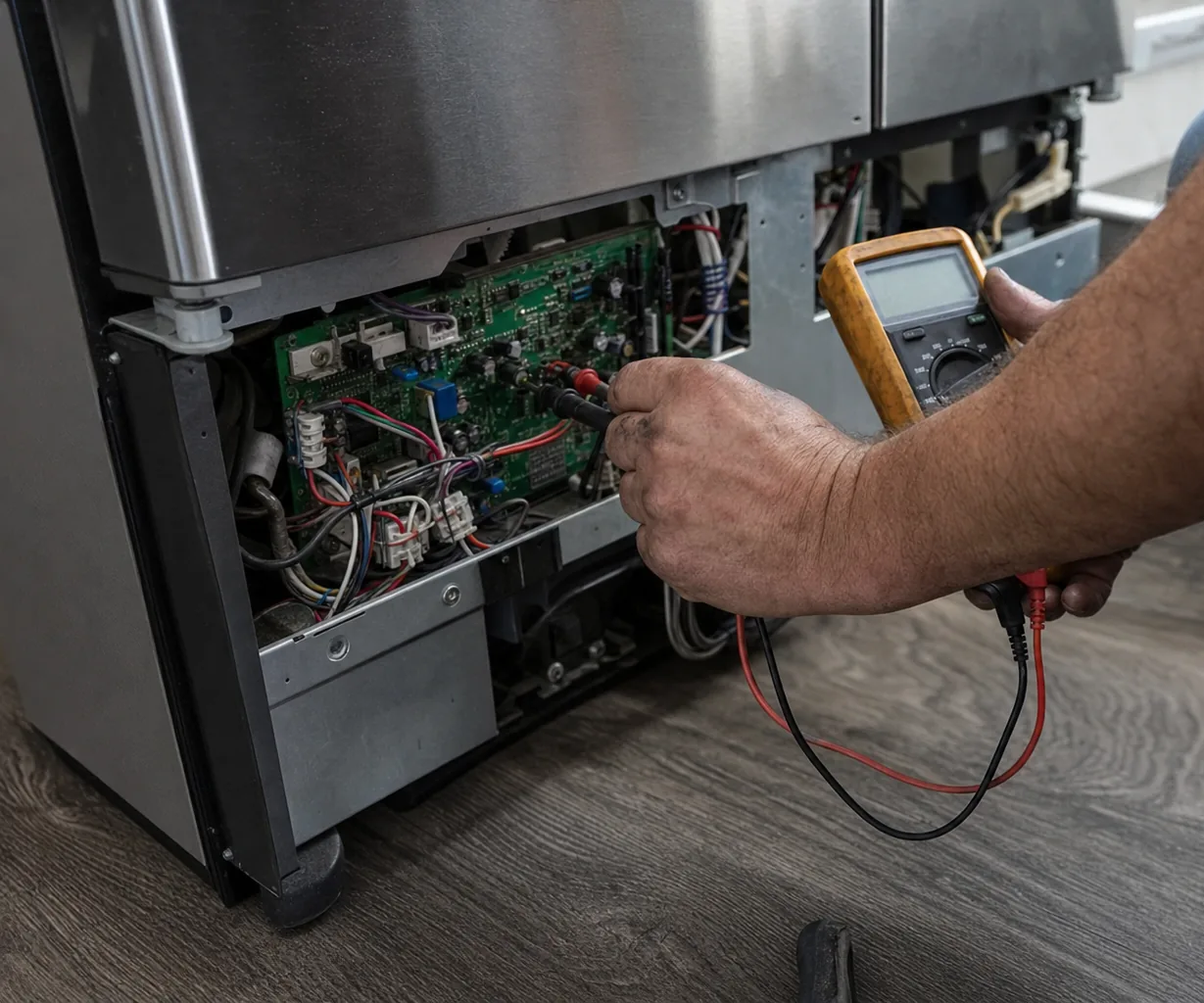 A multimeter display and two probe leads held over the exposed electronics at the foot of a refrigerator.